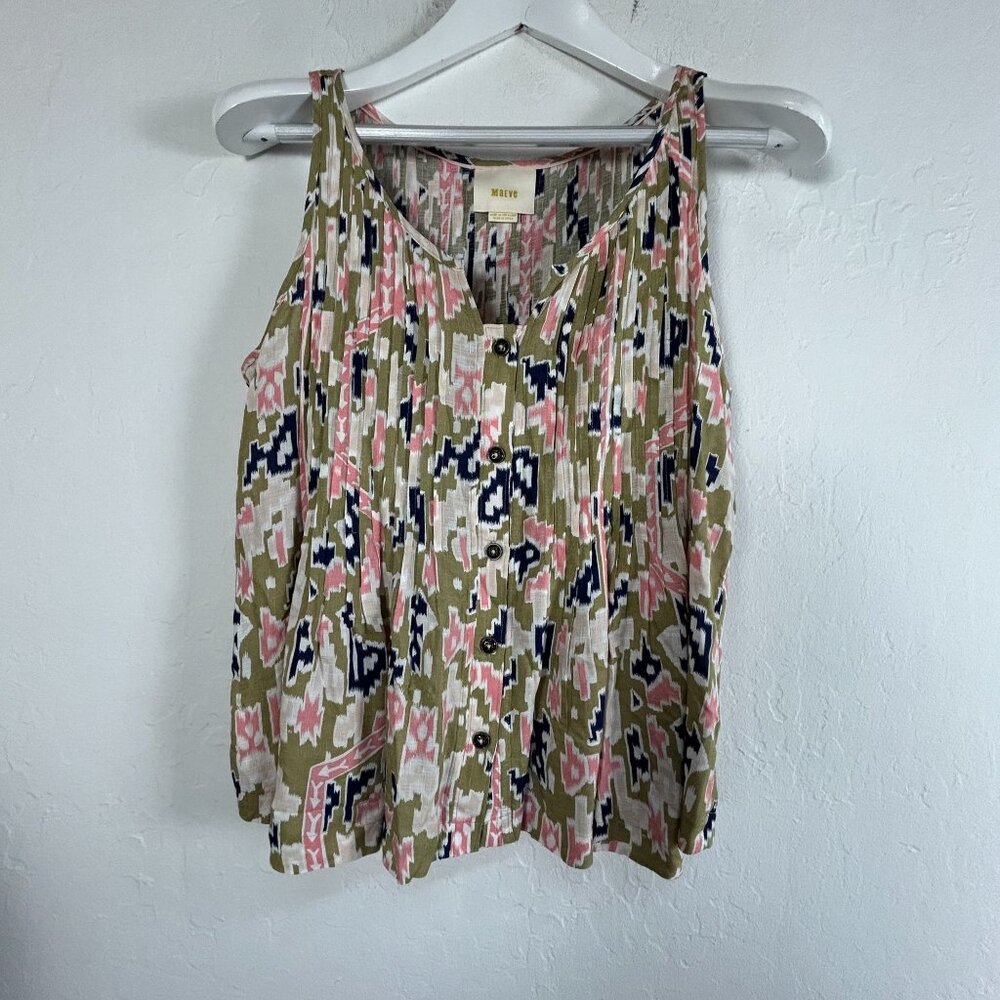 Maeve Women Sleeveless Pleated Top Size 6P Button Front Green Pink Abstract NWOT